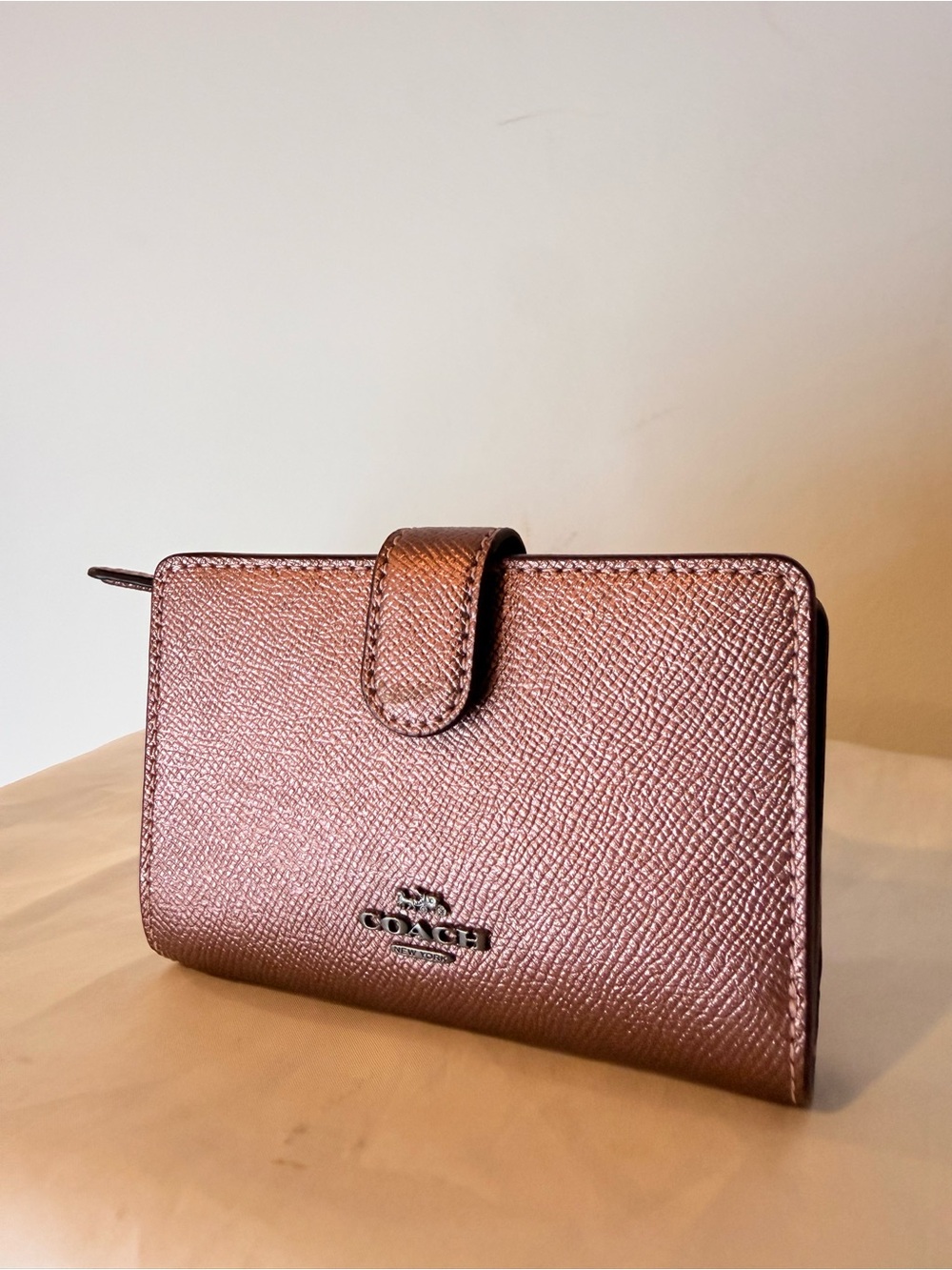 Coach Crossgrain Leather Medium Corner Zip Wallet- Metallic Pink